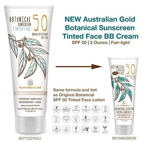 Australian Gold Botanical Sunscreen Tinted Face Mineral Lotion SPF 50, 3oz